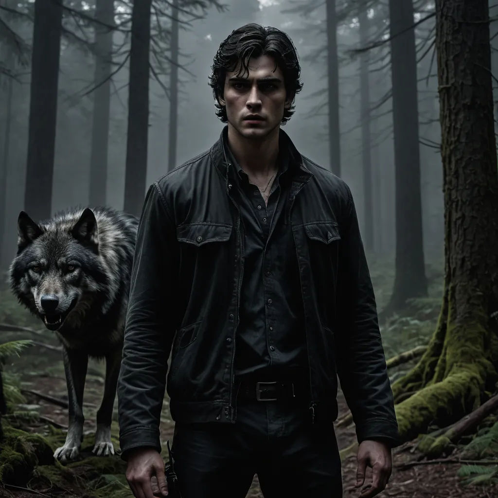 a man standing in the woods with a wolf behind him and a forest background with trees and grass and a man with a wolf in the woods, naturalism, a character portrait, Dirk Crabeth, promotional image