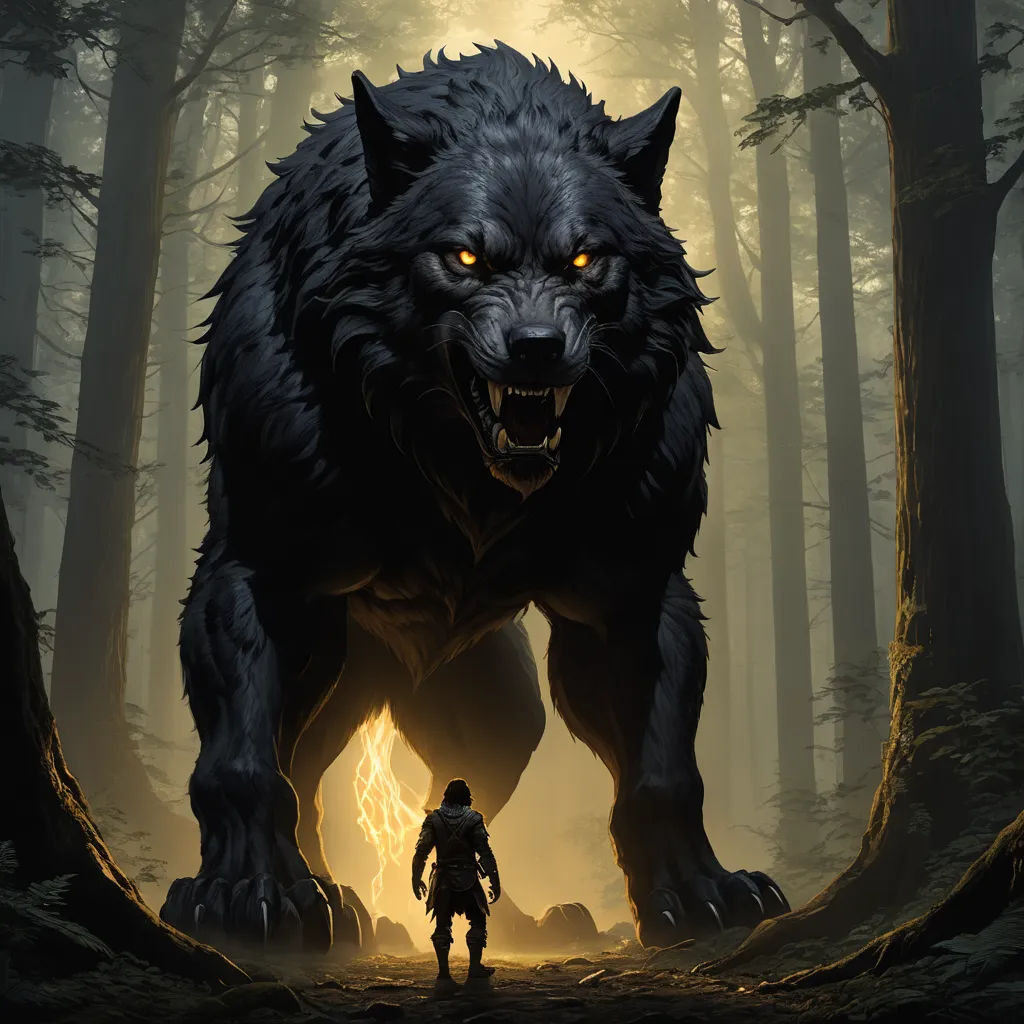 a man standing in front of a giant black wolf in a forest with a person walking towards it in front of a light, fantasy art, concept art, Anato Finnstark, fantasy artwork