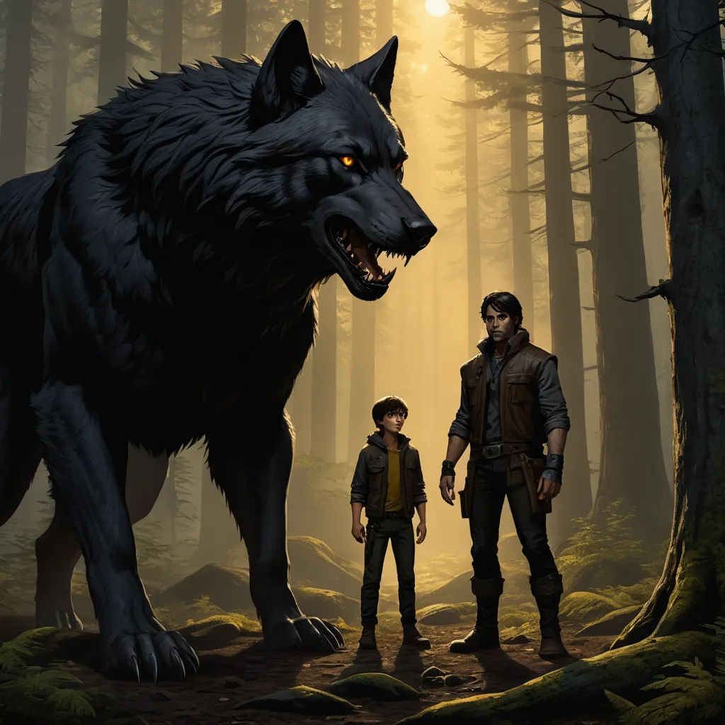 a couple of people standing in a forest next to a wolf with glowing eyes and a wolf on his shoulder, fantasy art, concept art, Brothers Hildebrandt, official art