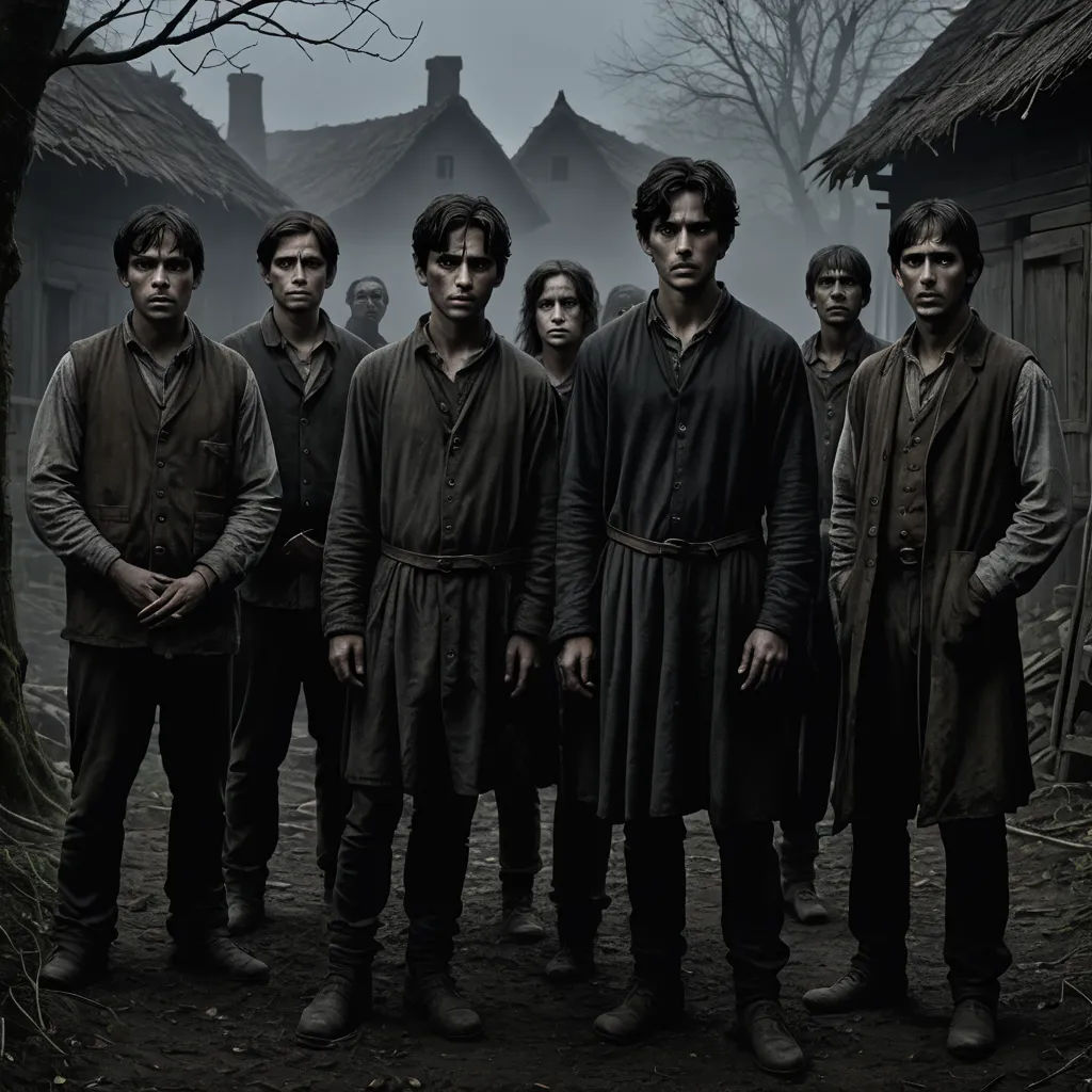 a group of people standing in front of a house in the woods with a dark background and a dark sky, antipodeans, a poster, Bogi Fabian, promotional image