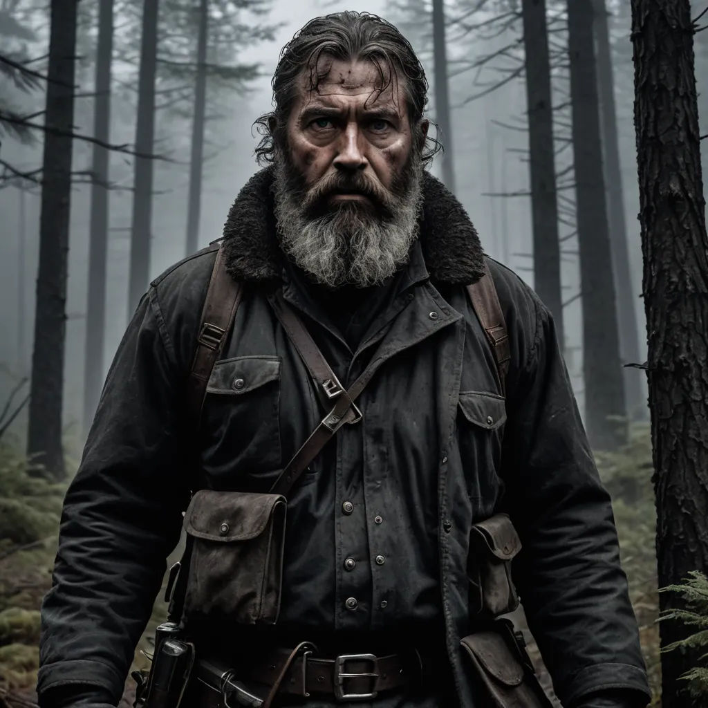 a man with a beard and a beard in a forest with trees and fog in the background, wearing a leather jacket and a fur collared jacket, primitivism, a character portrait, Bedwyr Williams, promotional image