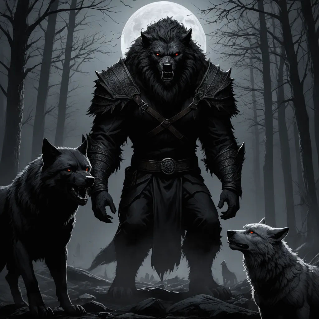 a wolf and a wolf are standing in the woods with a full moon in the background and a wolf is standing behind them, gothic art, concept art, Anne Stokes, epic fantasy character art