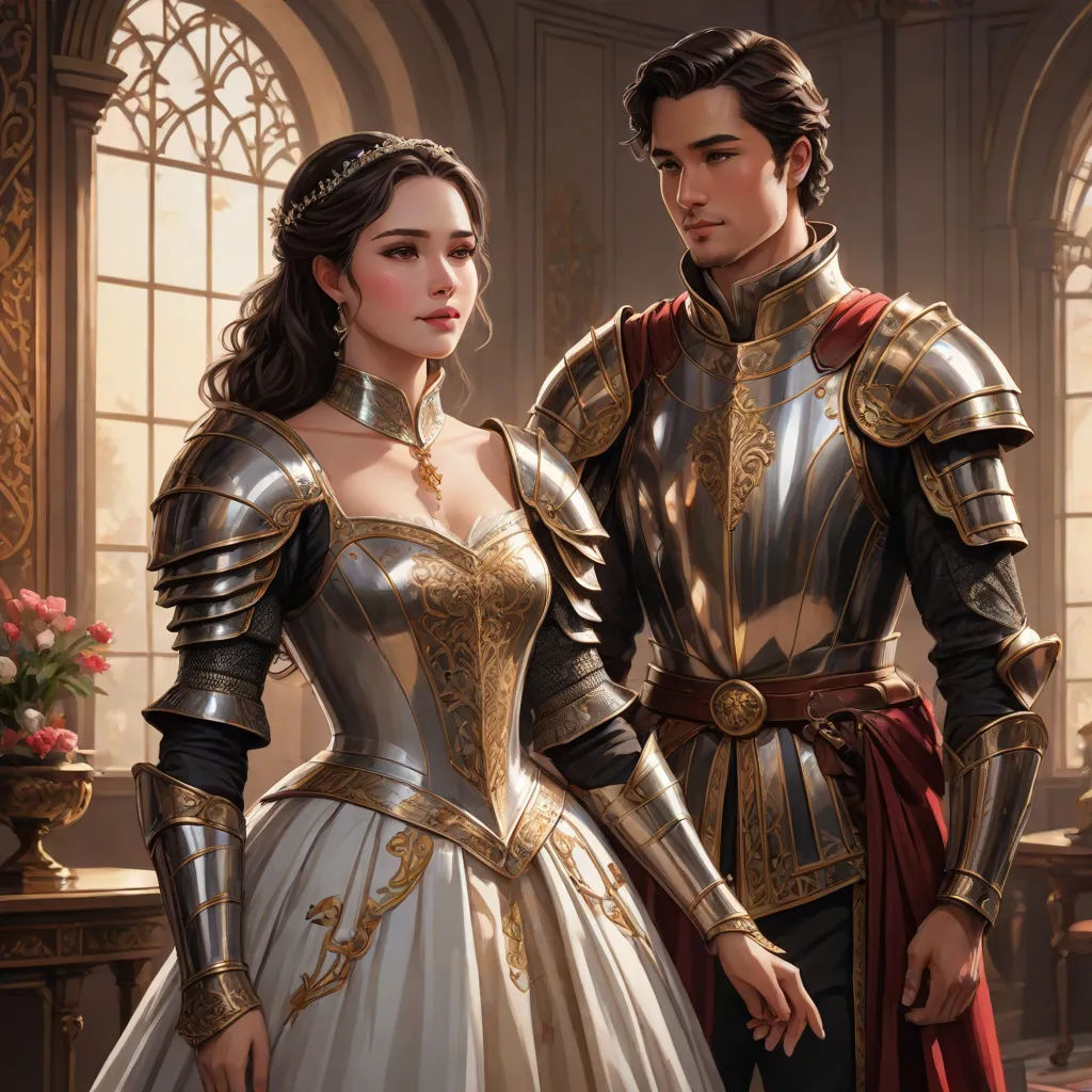 a man and woman dressed in medieval costumes standing next to each other in a room with windows and a vase of flowers, fantasy art, a detailed painting, Clint Cearley, rossdraws global illumination