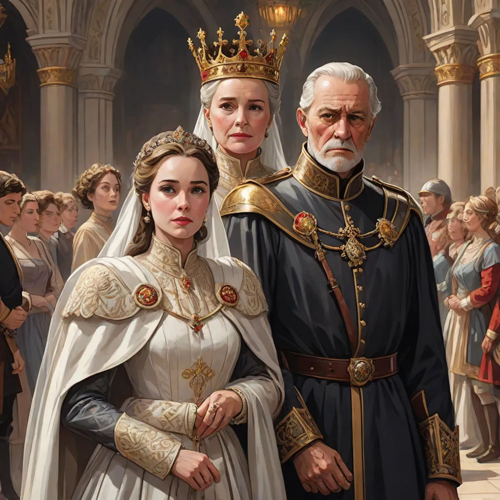 a painting of a man and woman in medieval dress standing next to each other in front of a crowd, sots art, a detailed painting, Donato Giancola, detailed painting