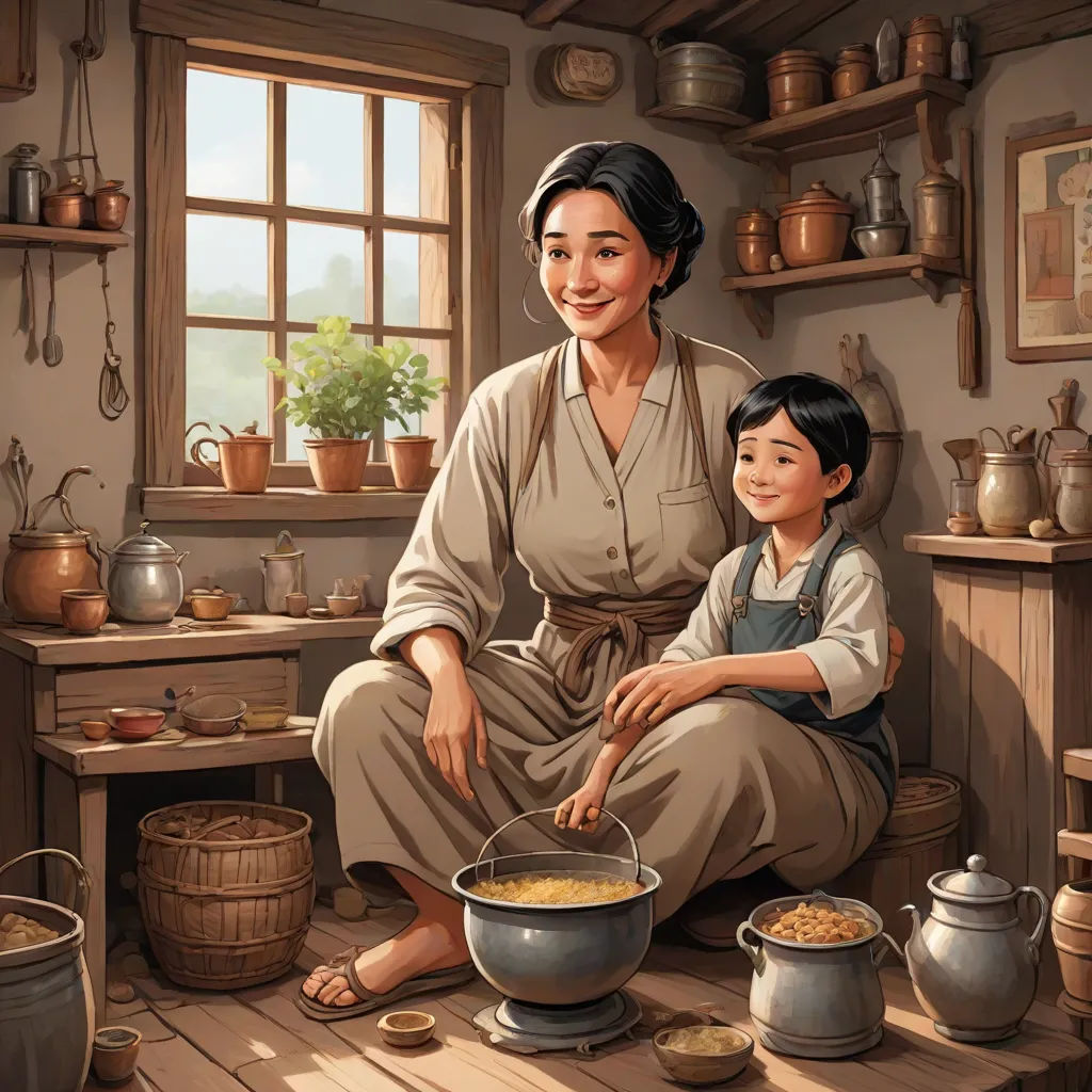 a woman and a child are cooking in a kitchen together, with pots and pans on the floor, american scene painting, a storybook illustration, Byeon Sang-byeok, official art