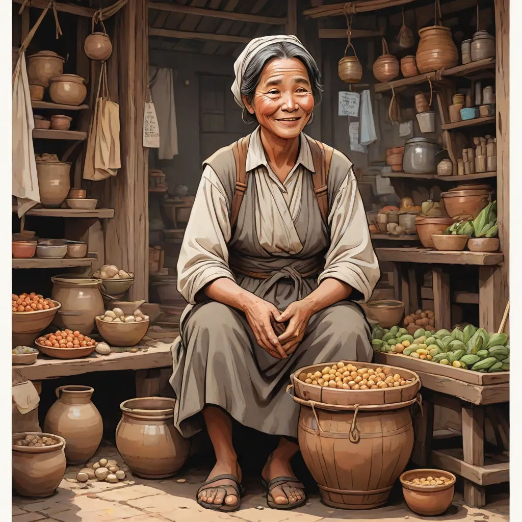 a painting of a woman sitting on a bench next to a basket of fruit and a bucket of eggs, fantastic realism, a detailed painting, Byeon Sang-byeok, highly detailed digital painting