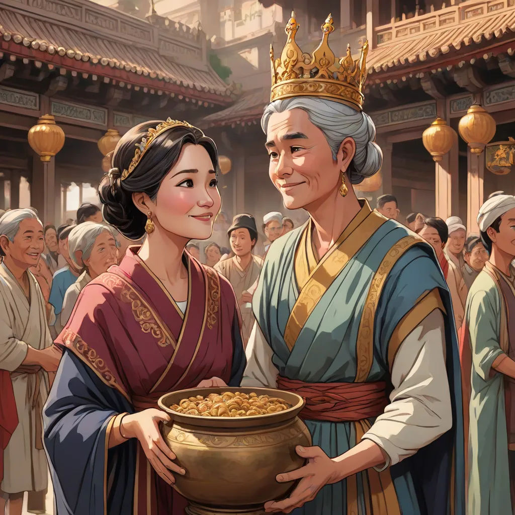 a man and woman in ancient chinese costumes holding a bowl of food in front of a crowd of people, sots art, a storybook illustration, Emperor Huizong of Song, official art