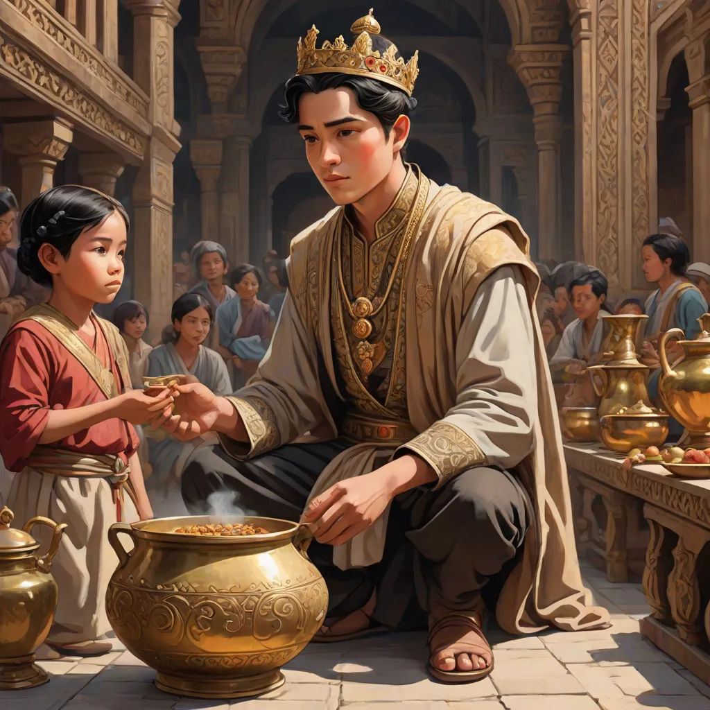 a painting of a man and a girl in ancient dress, with a gold pot in front of them, fantasy art, a storybook illustration, Clint Cearley, magic the gathering artwork