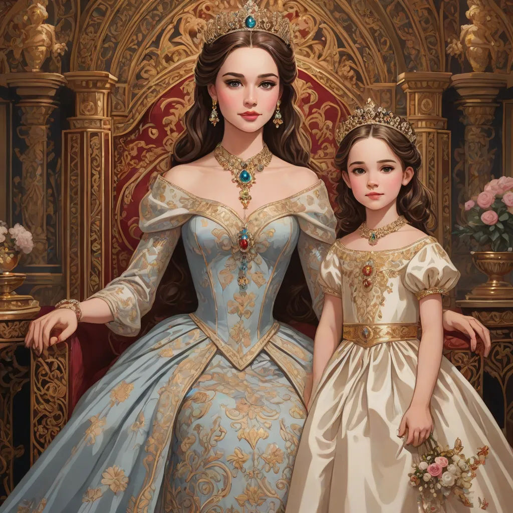 a painting of a mother and daughter in formal dress standing next to each other in a throne with a rose bouquet, fantasy art, a detailed painting, disney, rossdraws global illumination