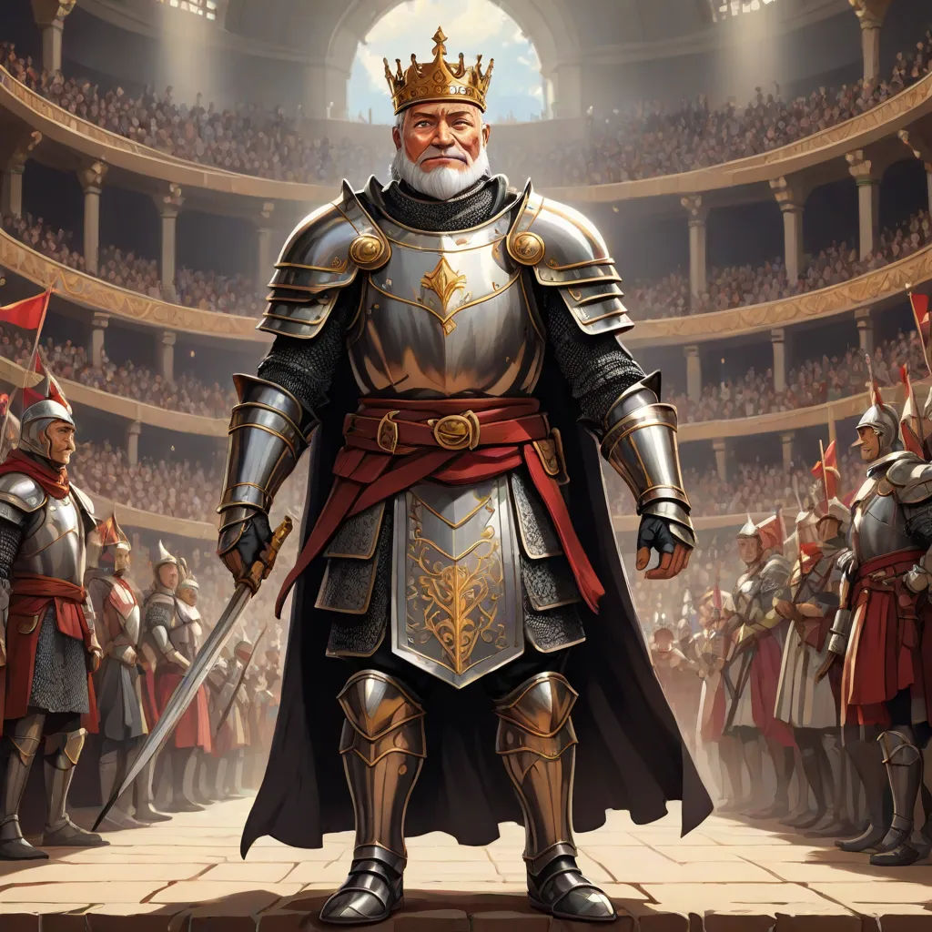 a man in a suit of armor standing in front of a crowd of people in a stadium with a sword, sots art, concept art, Clint Cearley, epic fantasy character art