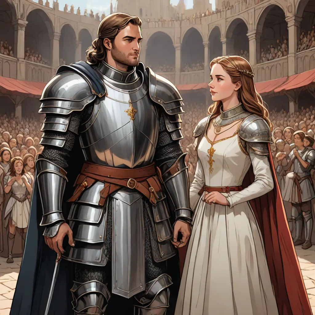 a man and a woman dressed in medieval clothing standing next to each other in front of a crowd of people, fantasy art, a storybook illustration, Christophe Vacher, official art