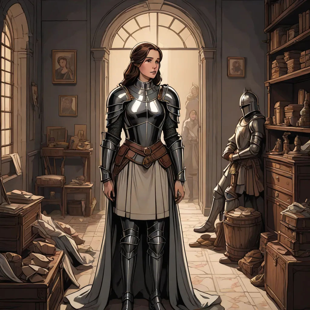 a woman in a medieval costume standing in a room with a man in armor in the background and a woman in a dress, fantasy art, a comic book panel, Cedric Peyravernay, epic fantasy character art