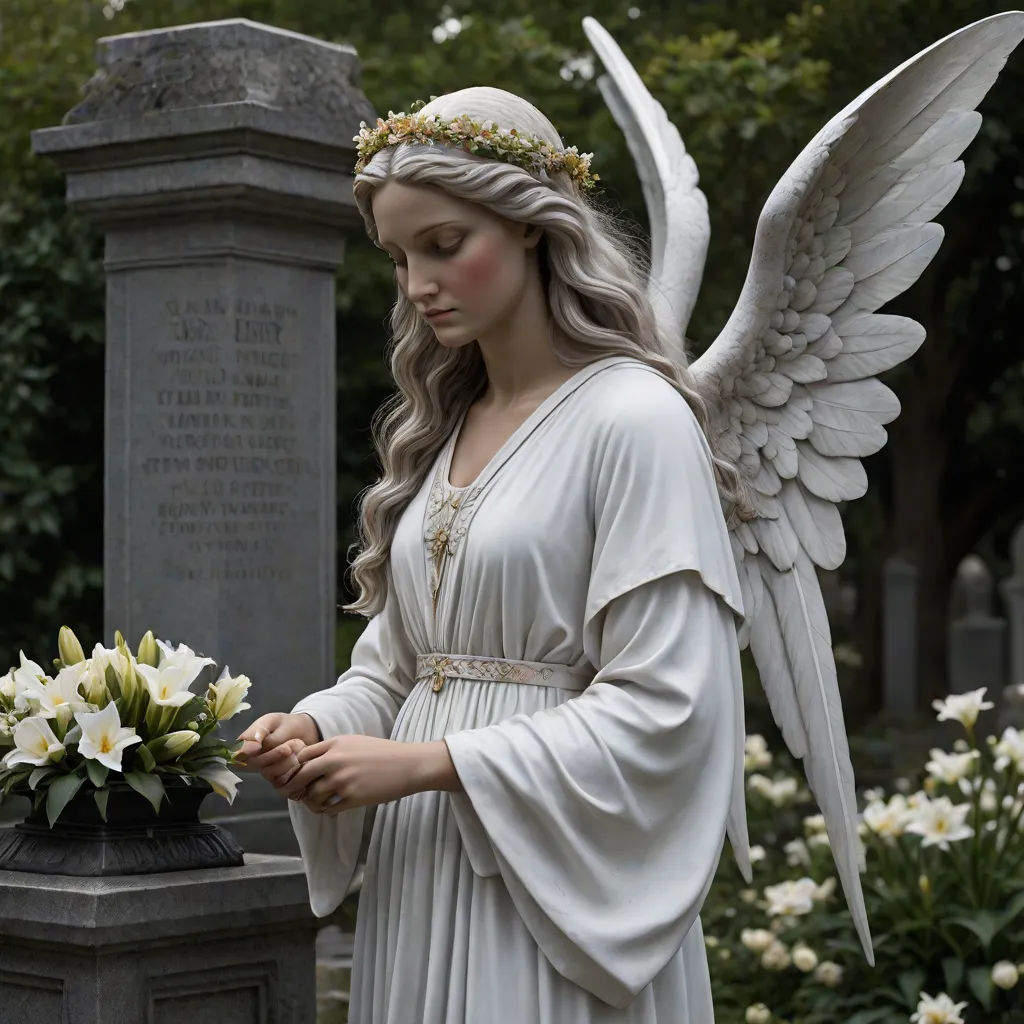 a statue of a woman with wings and flowers in her hands next to a grave with a wreath of flowers, Clarice Beckett, gothic art, a statue, promotional image