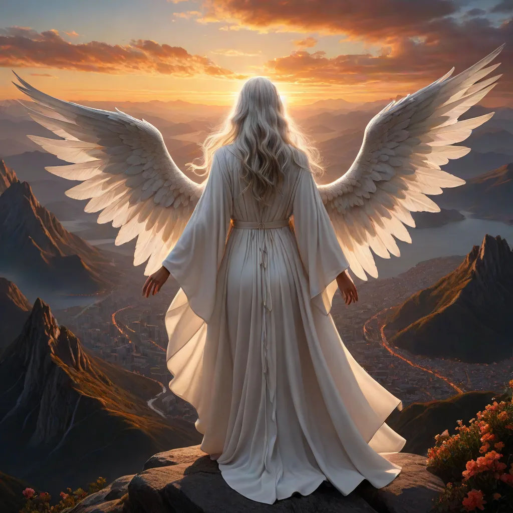 a painting of a woman with wings standing on a hill with a sunset in the background and mountains in the foreground, Anne Stokes, fantasy art, a detailed matte painting, angelic