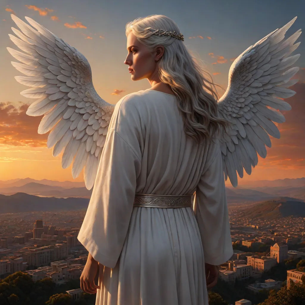 a painting of a woman with wings in a city at sunset with a city in the background and a sunset behind her, Christophe Vacher, fantasy art, a detailed matte painting, key art
