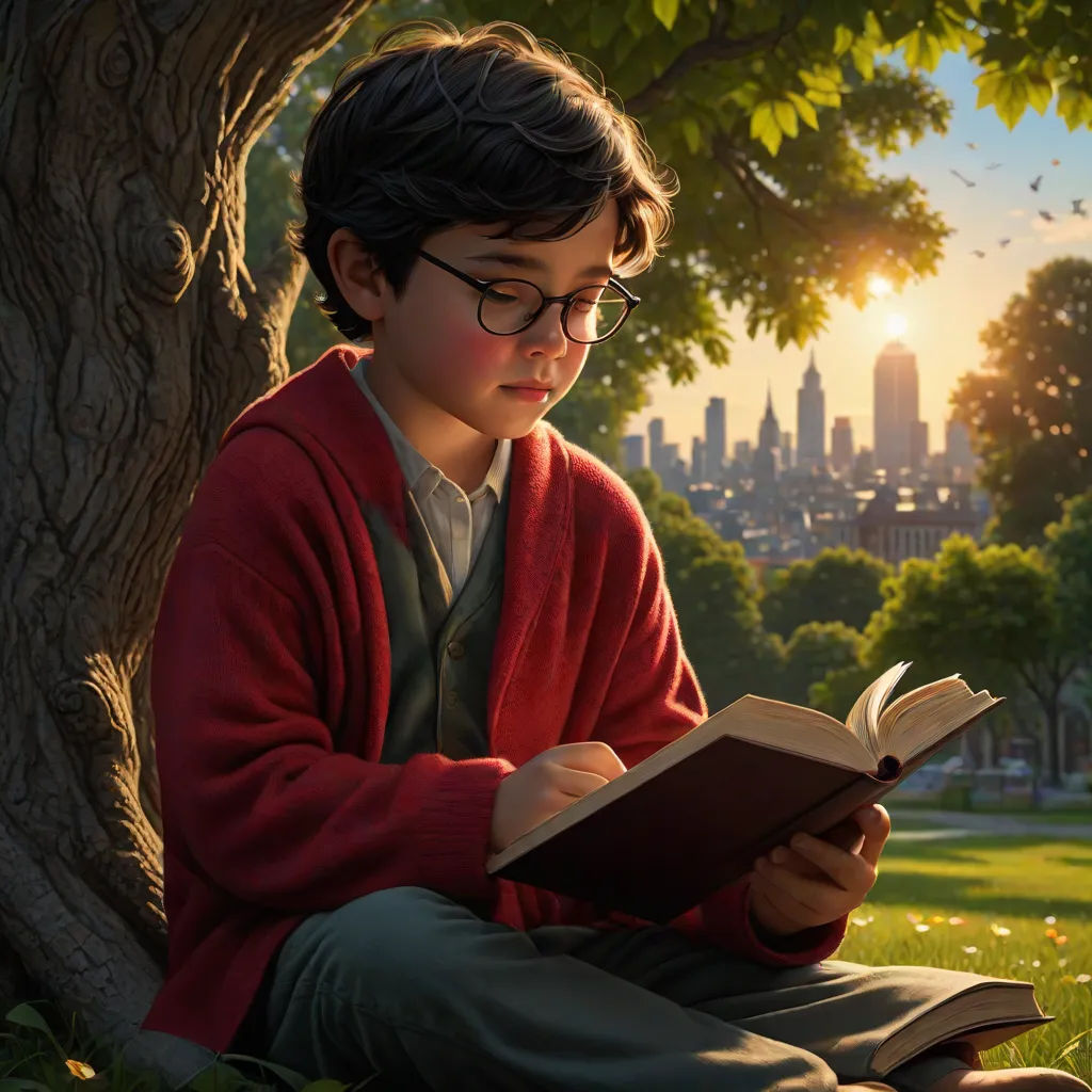 a boy sitting under a tree reading a book in the park with the sun shining through the trees behind him, Evgeny Lushpin, photorealism, a detailed matte painting, kinkade