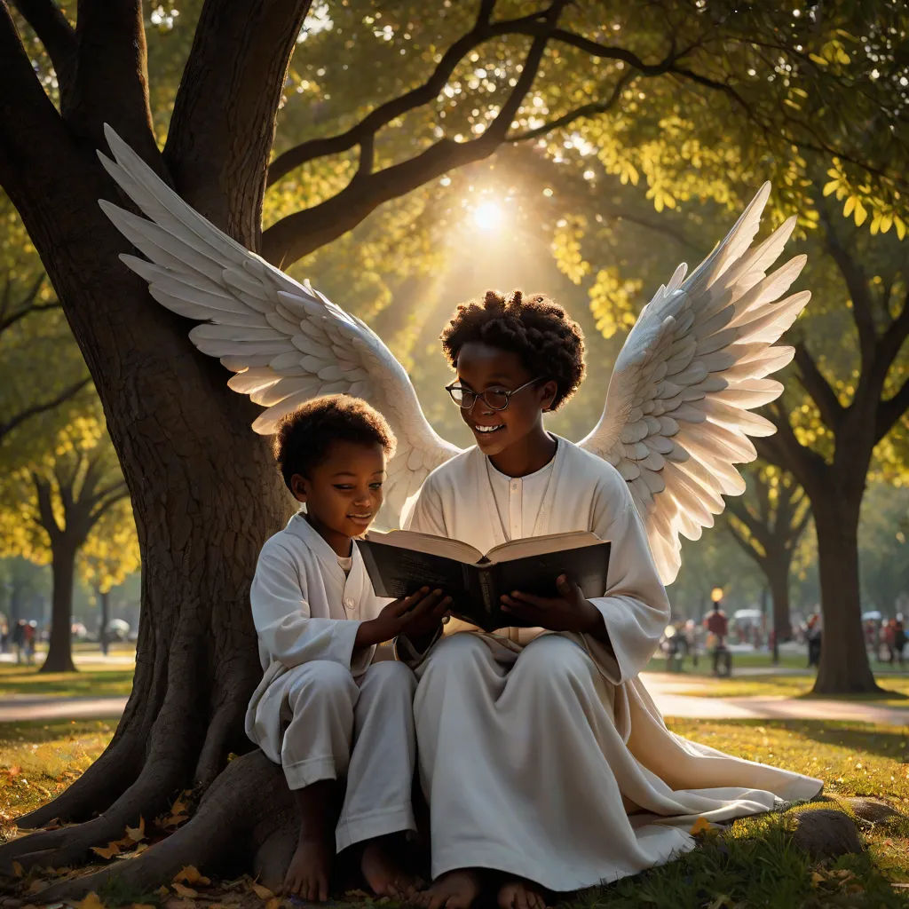 a woman and a child sitting on the ground reading a book with angel wings on their shoulders and arms, David LaChapelle, art photography, a storybook illustration, cinematic photography
