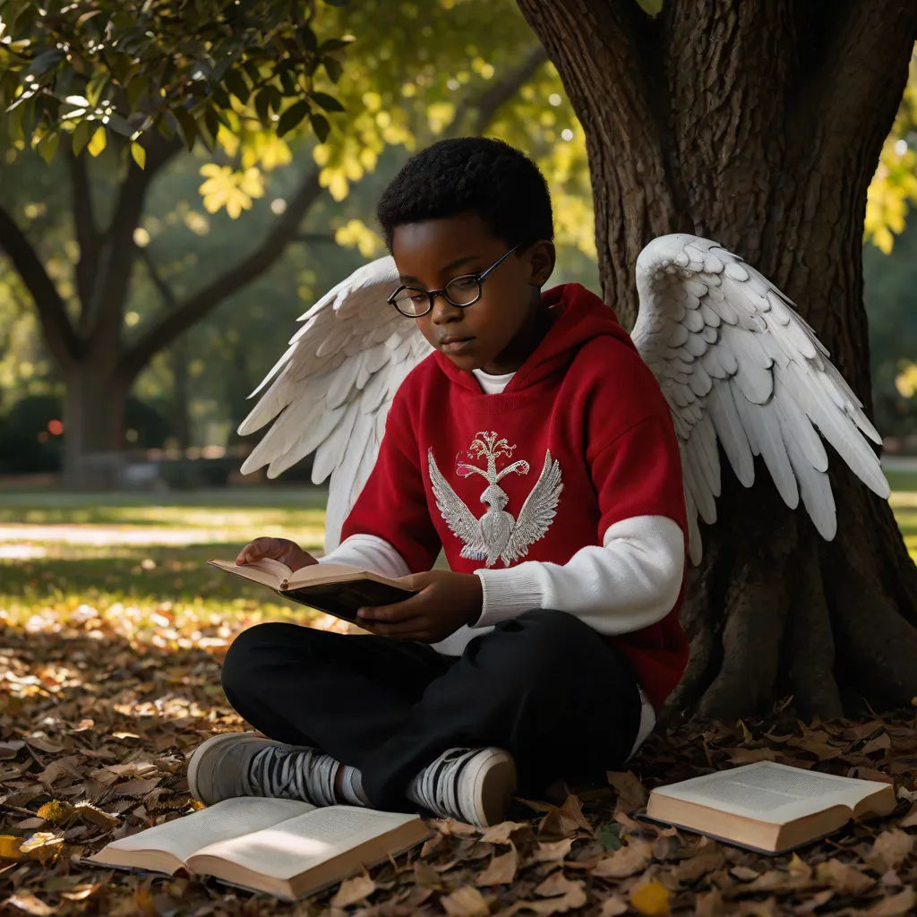 a young boy sitting on the ground reading a book with wings on it, next to a tree with leaves, Dirk Crabeth, magical realism, a storybook illustration, storybook illustration