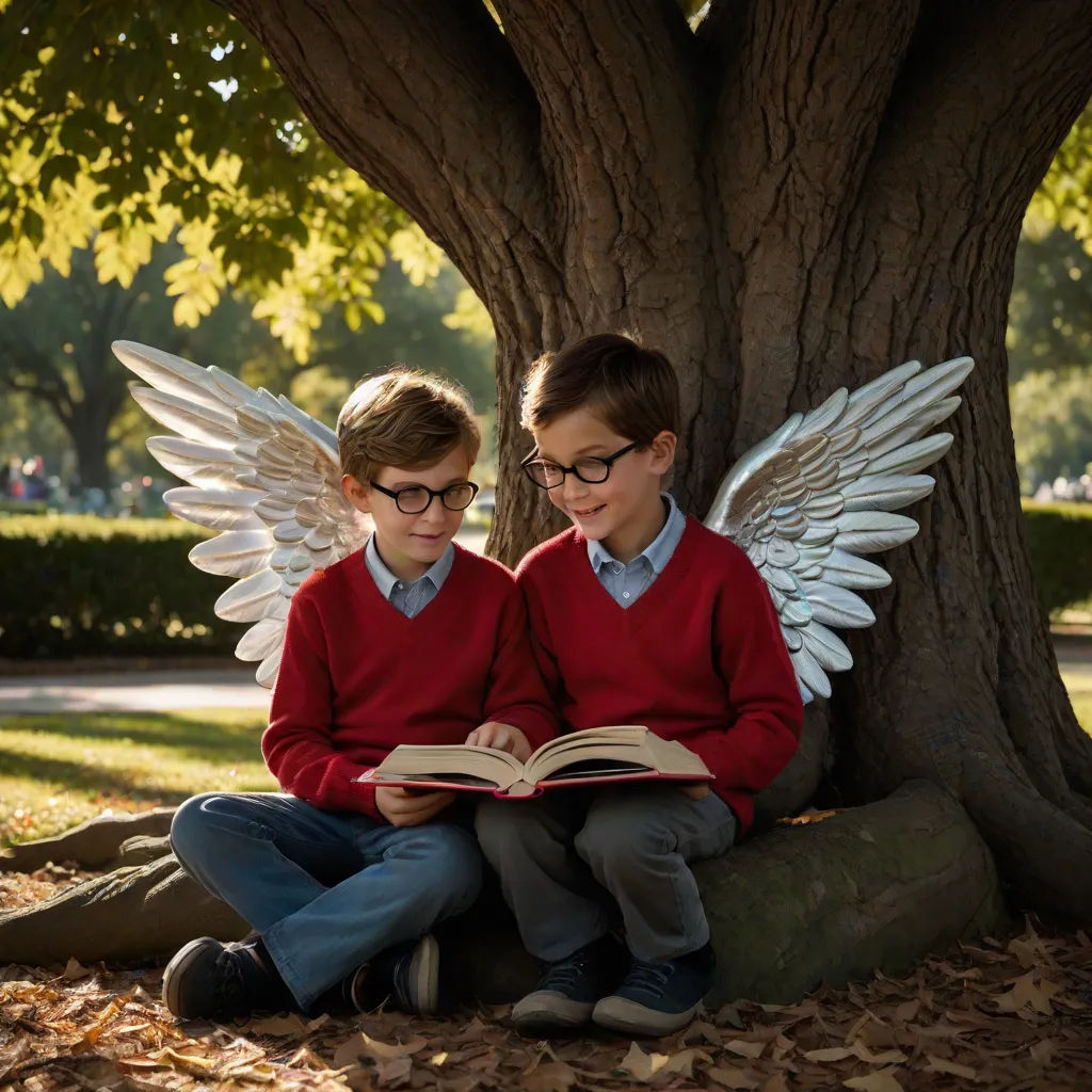 two children sitting on a log reading a book under a tree with wings on it, with a tree behind them, Caspar Wolf, magical realism, a storybook illustration, promotional image