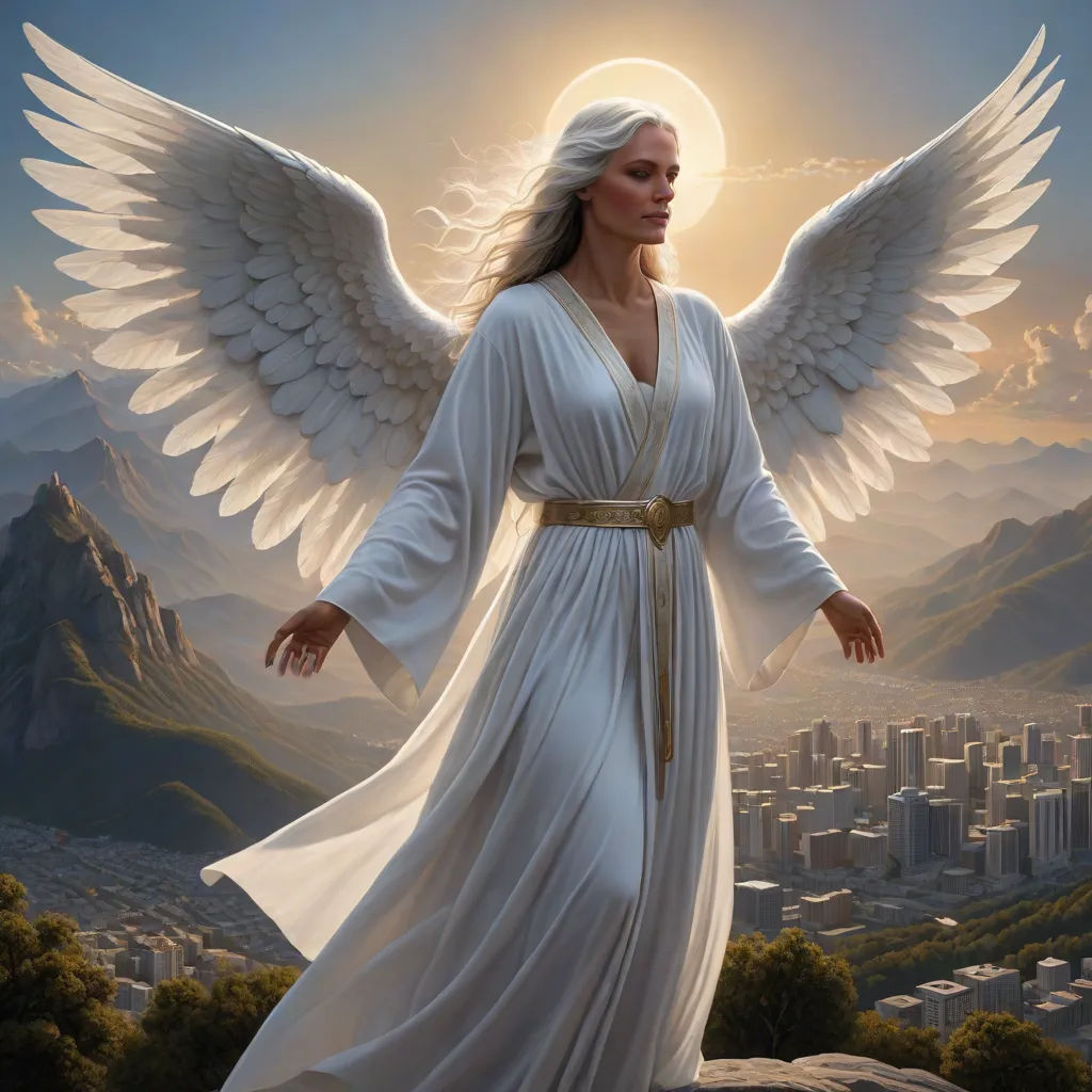 a woman dressed in white with wings and a halo standing on a hill with a city in the background, Christophe Vacher, fantasy art, a detailed matte painting, fantasy artwork