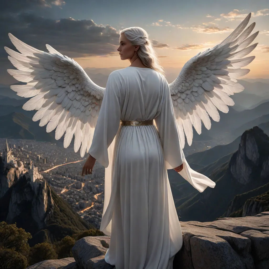 a woman with white wings standing on a mountain top with a city in the background and a sunset in the sky, Anne Stokes, fantasy art, a detailed matte painting, angelic