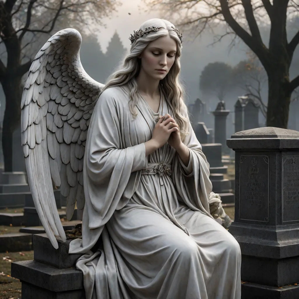 a statue of a woman with wings sitting on a grave in a cemetery with trees in the background and fog, Anne Stokes, gothic art, a marble sculpture, angelic