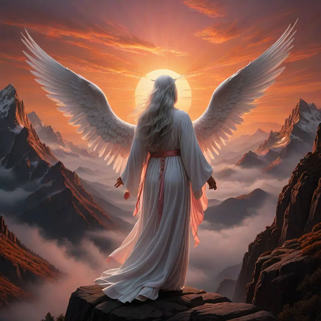 a painting of a woman with wings standing on a mountain top with a sunset in the background and mountains in the foreground, Anne Stokes, fantasy art, a detailed matte painting, dark fantasy art