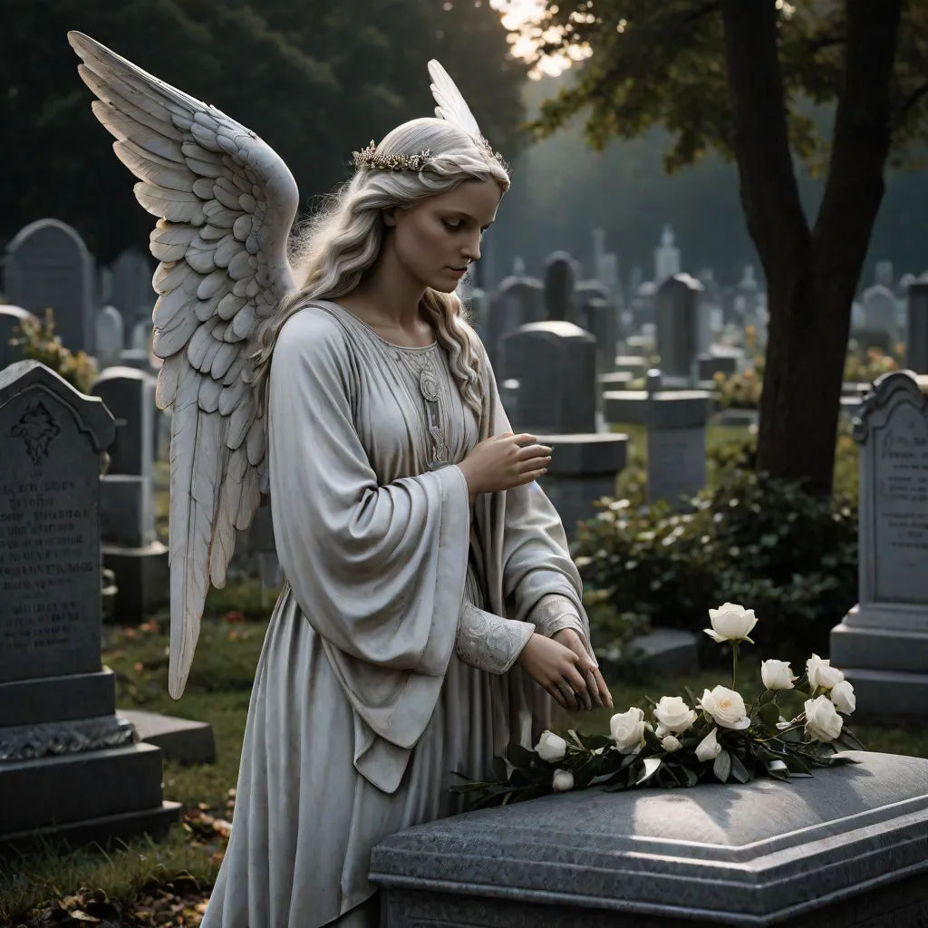 a statue of an angel with flowers in front of a grave with a wreath of roses on it and a tree in the background, Anne Stokes, gothic art, a marble sculpture, death