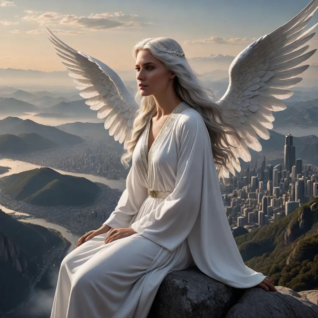 a woman with white wings sitting on a rock with a city in the background and a river running through the valley, Anne Stokes, fantasy art, a detailed matte painting, cinematic matte painting