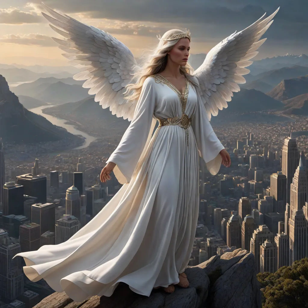 a woman in a white dress with wings on a cliff above a cityscape with mountains in the background, Anne Stokes, fantasy art, a detailed matte painting, epic fantasy character art