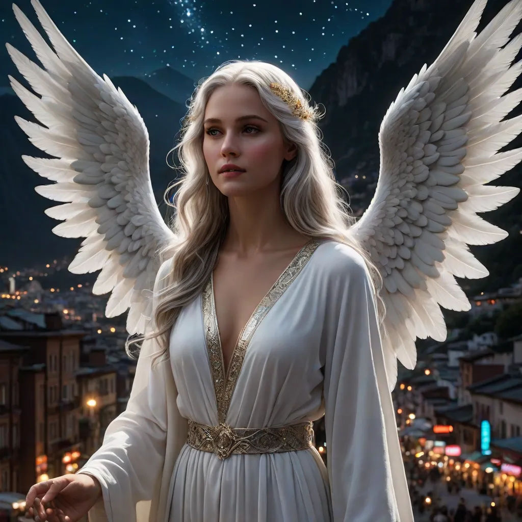 a woman with white wings standing in front of a city at night with stars in the sky above her, Amalia Lindegren, fantasy art, a detailed matte painting, angelic