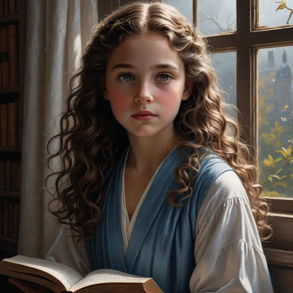 a painting of a girl reading a book by a window with a view of a city outside the window, Brad Kunkle, fantasy art, an oil painting, detailed painting