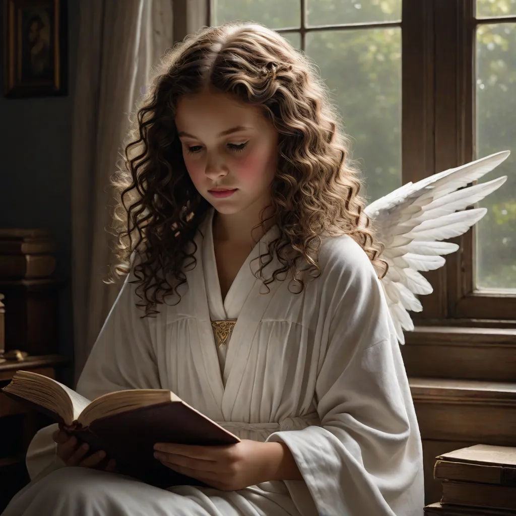 a young girl dressed in white is reading a book in a room with a window and a window sill, Brad Kunkle, gothic art, a storybook illustration, angelic