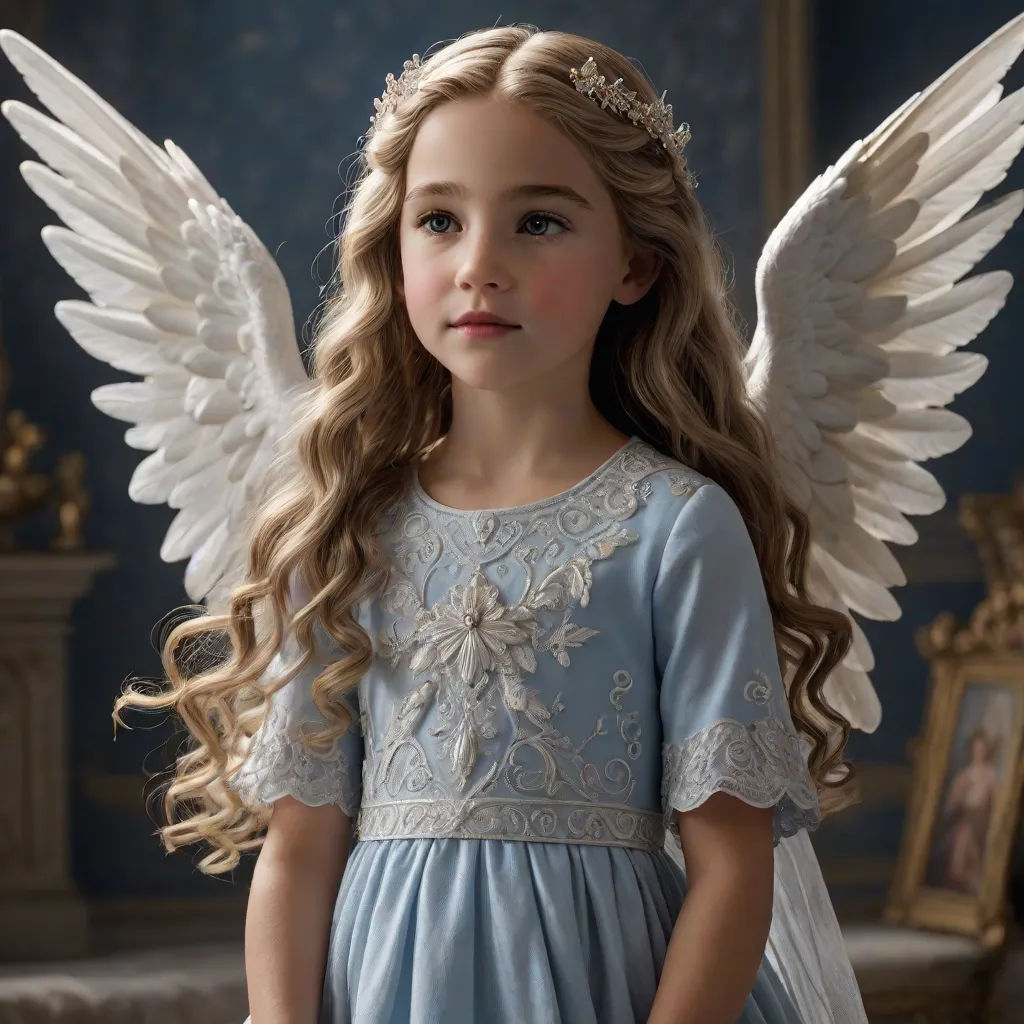 a little girl dressed in a blue dress with angel wings and a tiara on her head, standing in a room with a picture frame, Celia Fiennes, gothic art, a detailed matte painting, angelic