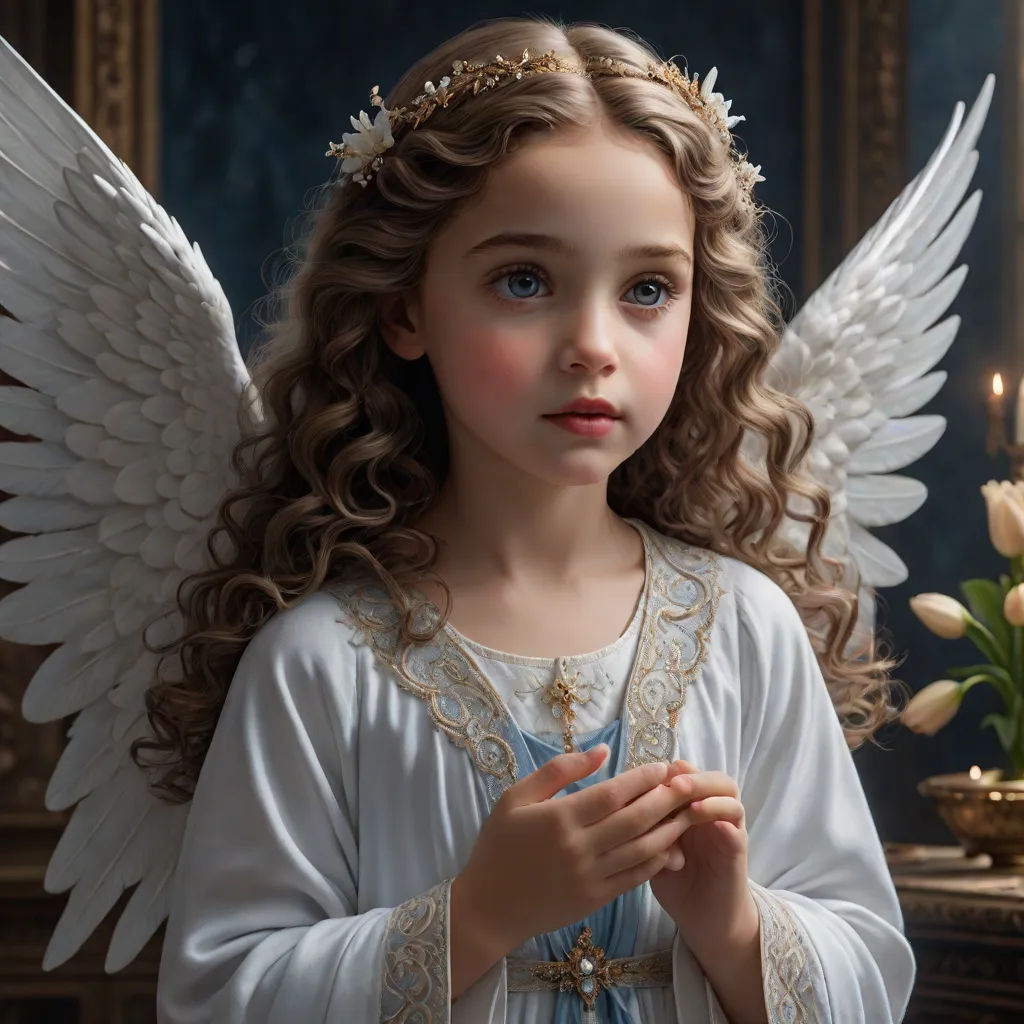 a little girl dressed in white with angel wings and a halo around her neck and hands clasped in front of a mirror, Anne Stokes, gothic art, a detailed painting, angelic