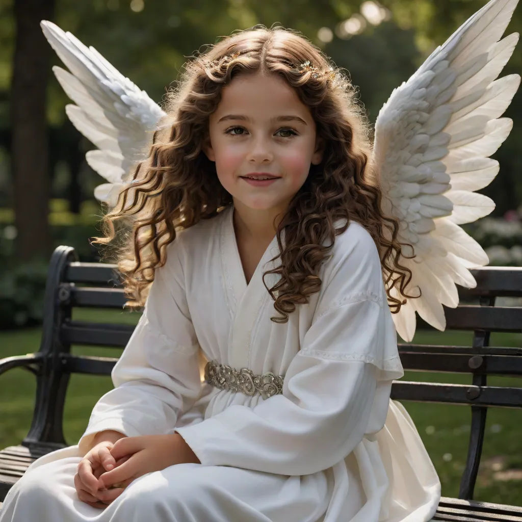 a young girl dressed in white sitting on a bench with angel wings on her back and arms outstretched,, Celia Fiennes, gothic art, a stock photo, angelic