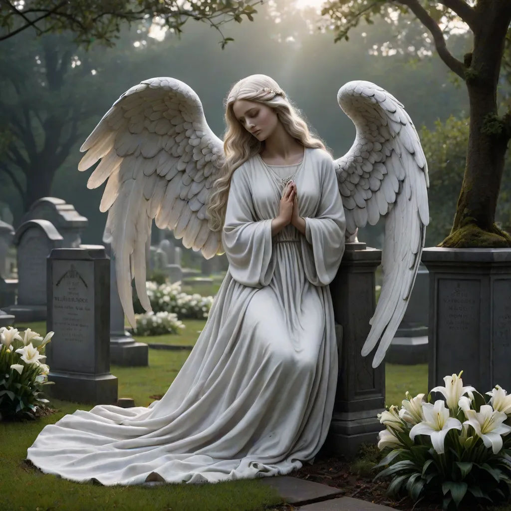 a statue of an angel with white wings in a cemetery with flowers in the foreground and a tree in the background, Anne Stokes, gothic art, a marble sculpture, angelic