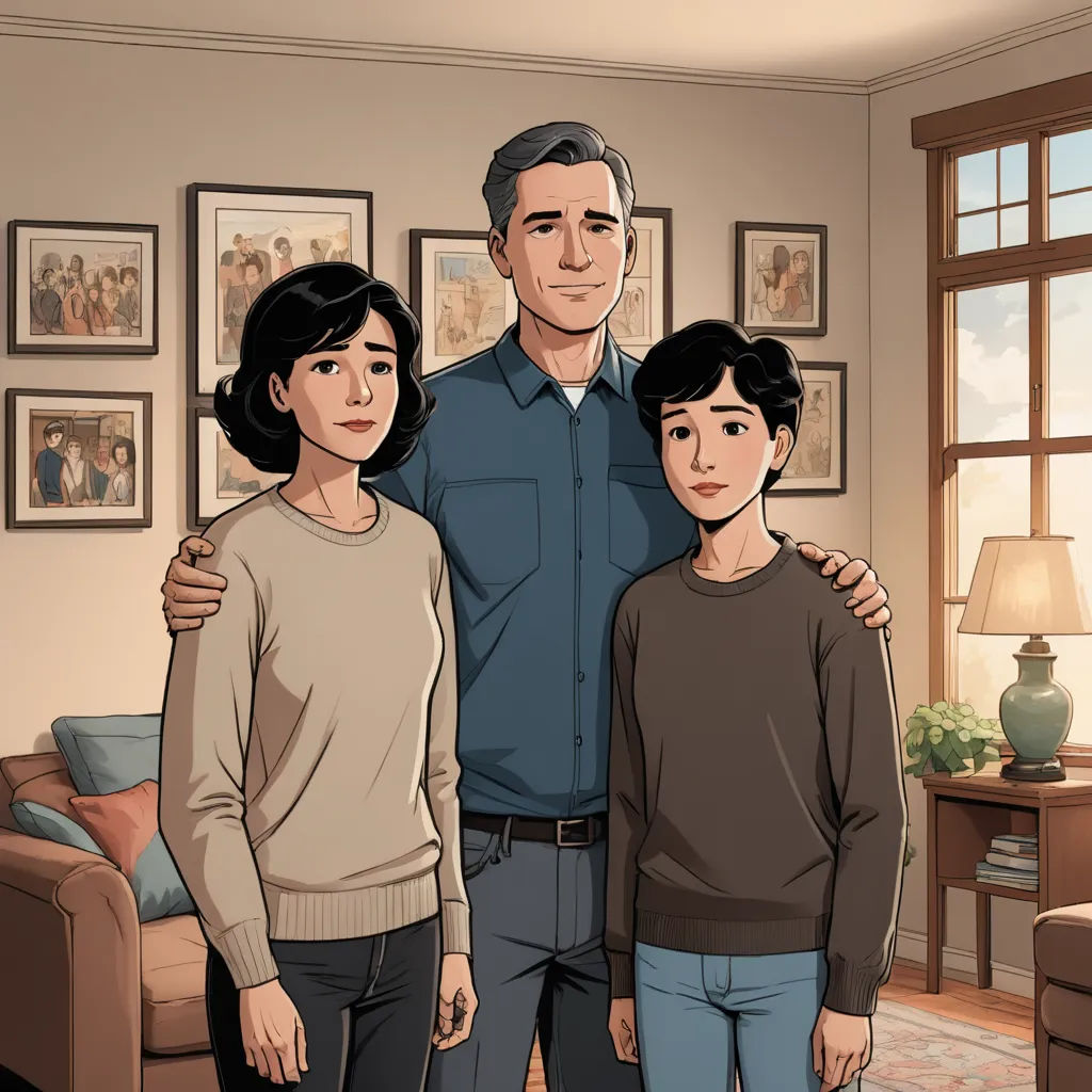 a family standing in a living room with a picture of a man and woman on the wall behind them, american scene painting, a comic book panel, F Scott Hess, official art