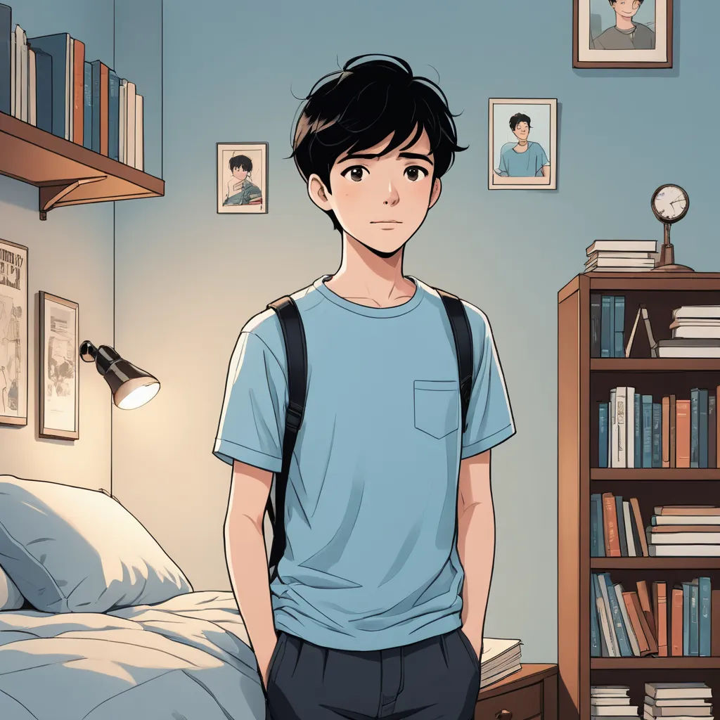 a man standing in a bedroom with a bookcase and a bed in the background with books on the shelves, serial art, a character portrait, David Park, graphic novel