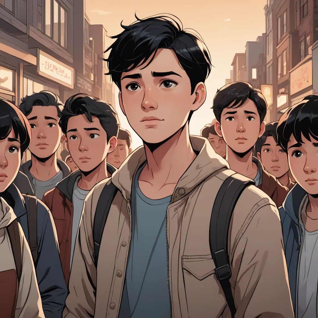 a group of people standing in a line in a city street with a man in the middle of the group, serial art, a comic book panel, David Park, comic cover art