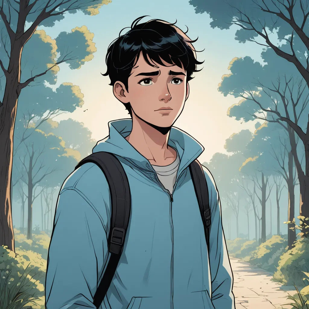 a man with a backpack standing in a forest with trees and bushes behind him, looking at the camera, sots art, a comic book panel, Cedric Seaut (Keos Masons), kinkade