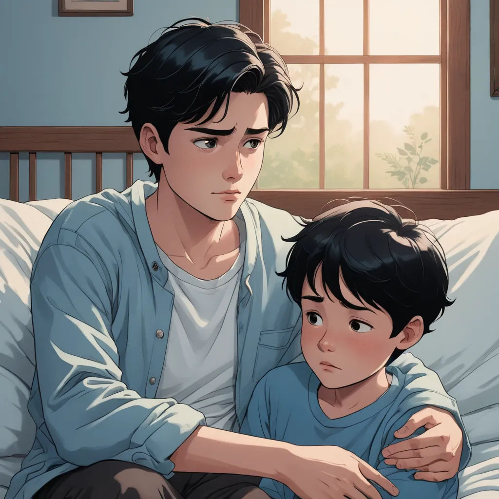 a man and a child sitting on a bed together, looking at something in the distance with a window behind them, sots art, a comic book panel, Everett Warner, official art