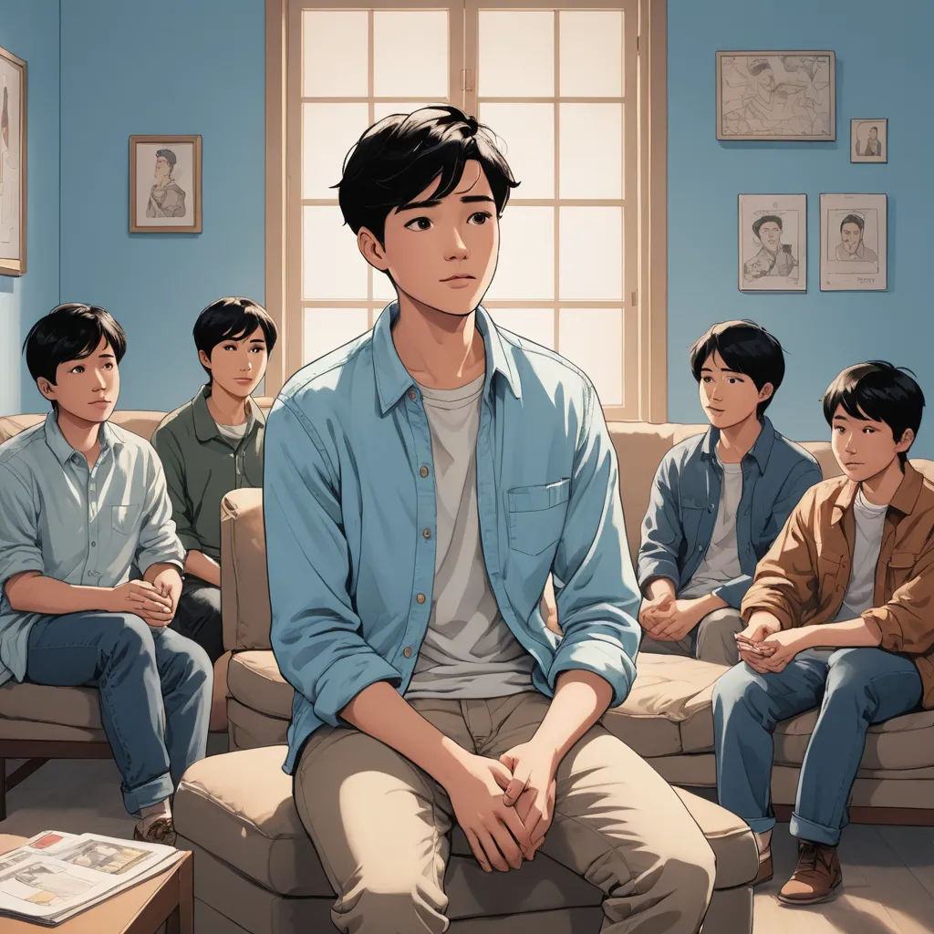 a man sitting on a couch in front of a group of people in a living room with a window, serial art, a comic book panel, Adam Manyoki, official art