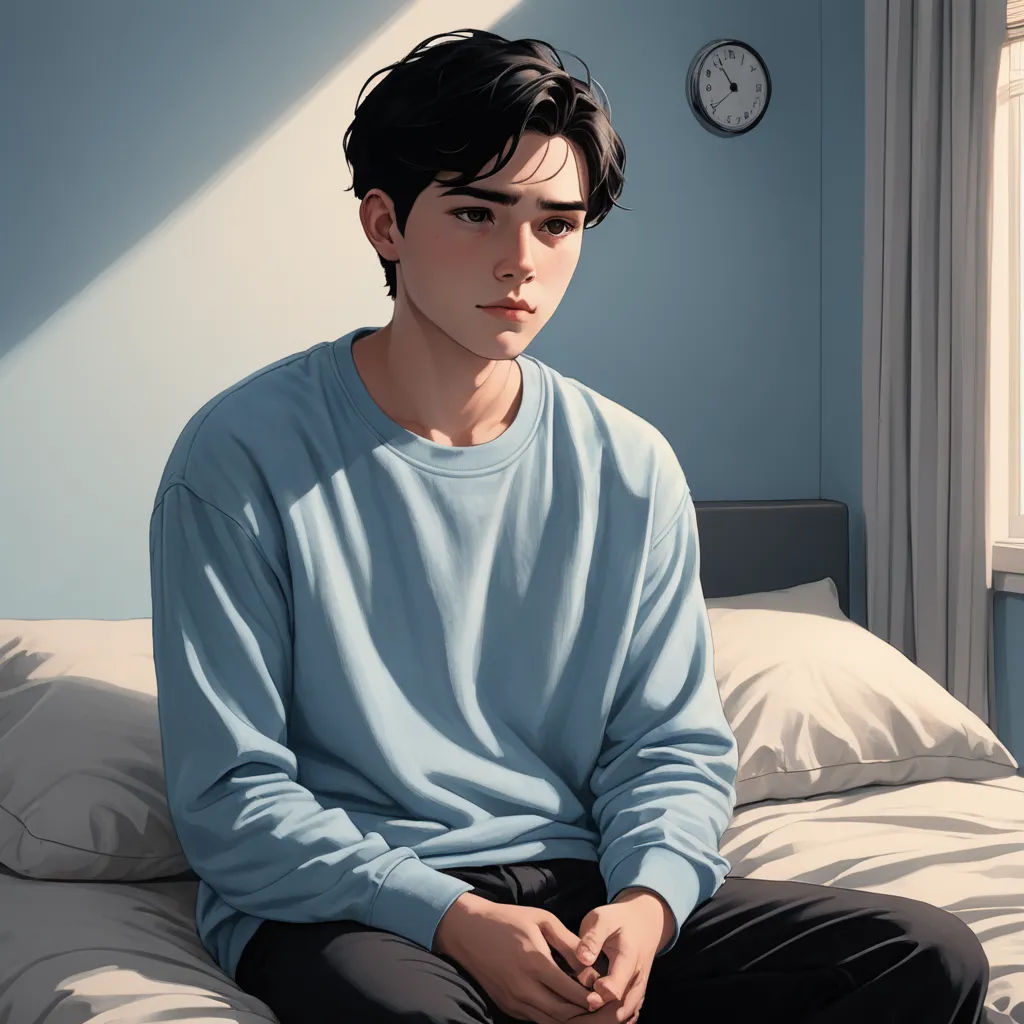 a painting of a man sitting on a bed in a blue room with a clock on the wall behind him, photorealism, a photorealistic painting, Atey Ghailan, rossdraws global illumination