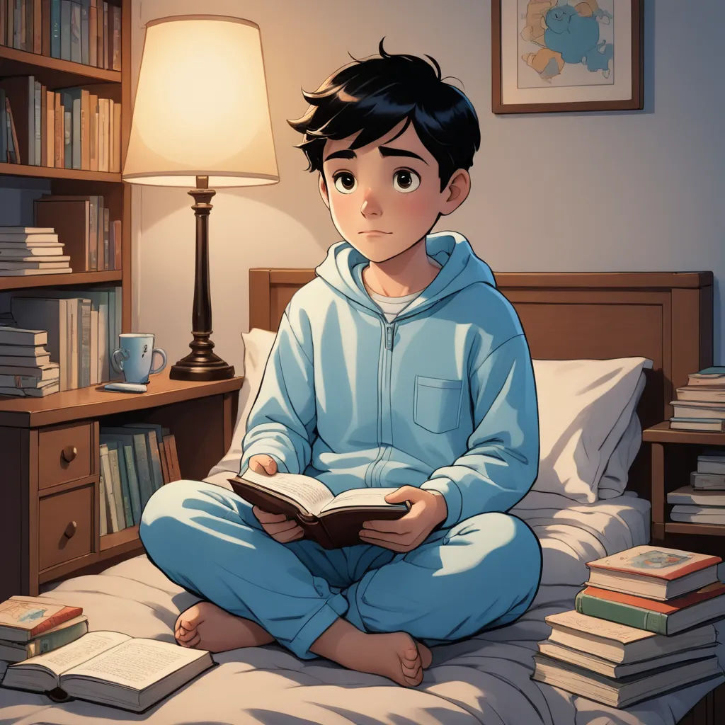 a boy sitting on a bed reading a book in a bedroom with a lamp on the side of the bed, art & language, a comic book panel, Atey Ghailan, rossdraws global illumination