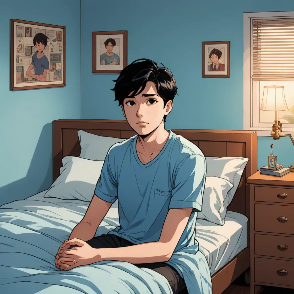 a man sitting on a bed in a bedroom with a blue wall and a picture of himself on the wall, sots art, a comic book panel, David Park, graphic novel