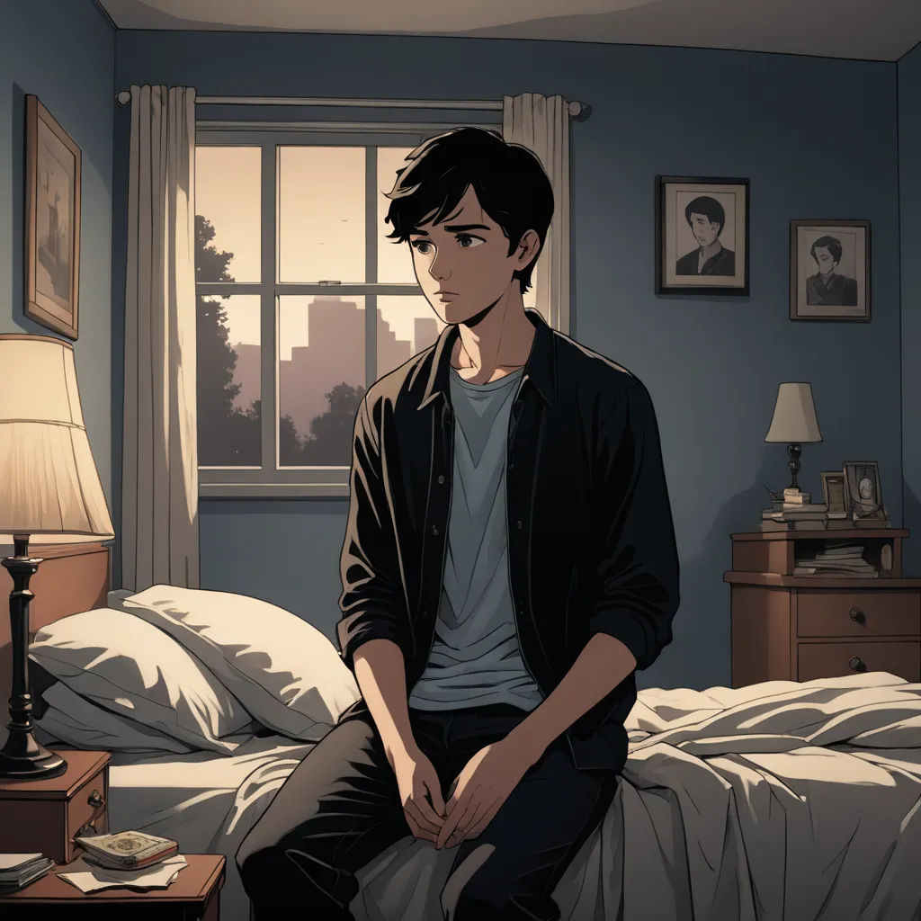 a man sitting on a bed in a bedroom with a window and a lamp on the side of the bed, serial art, a comic book panel, Atey Ghailan, official art