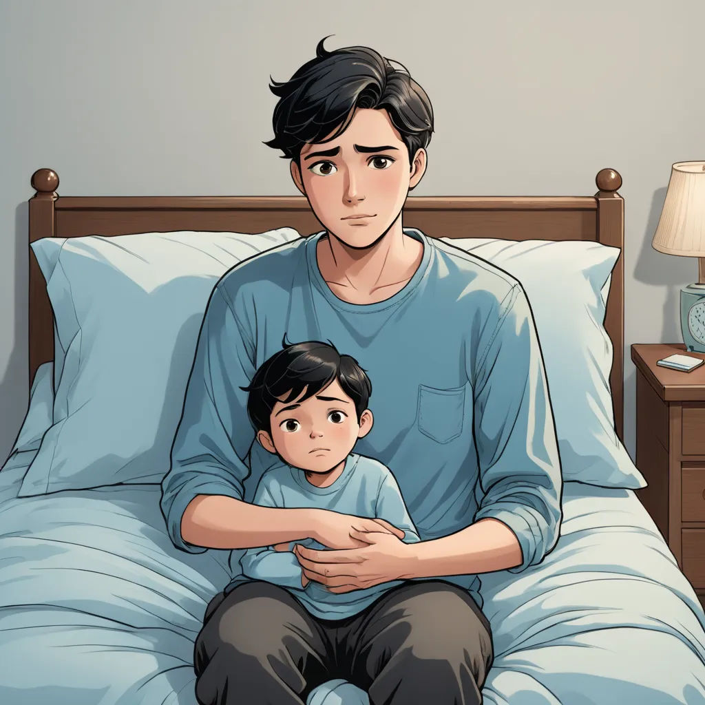 a man sitting on a bed with a child in his lap and a lamp on the side of the bed, sots art, a comic book panel, Adam Manyoki, graphic novel