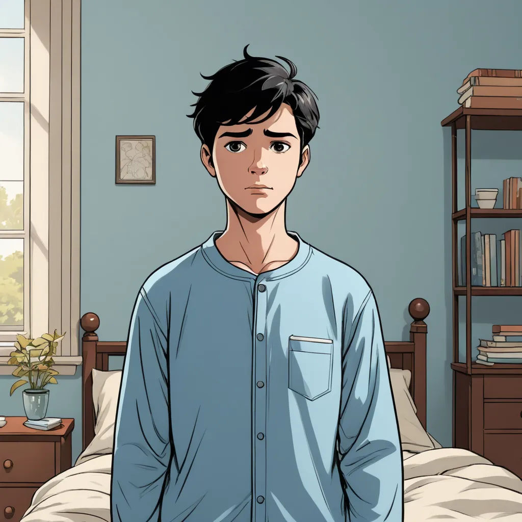 a man standing in a bedroom with a blue shirt on and a bookcase in the background and a window, sots art, a comic book panel, David Park, official art