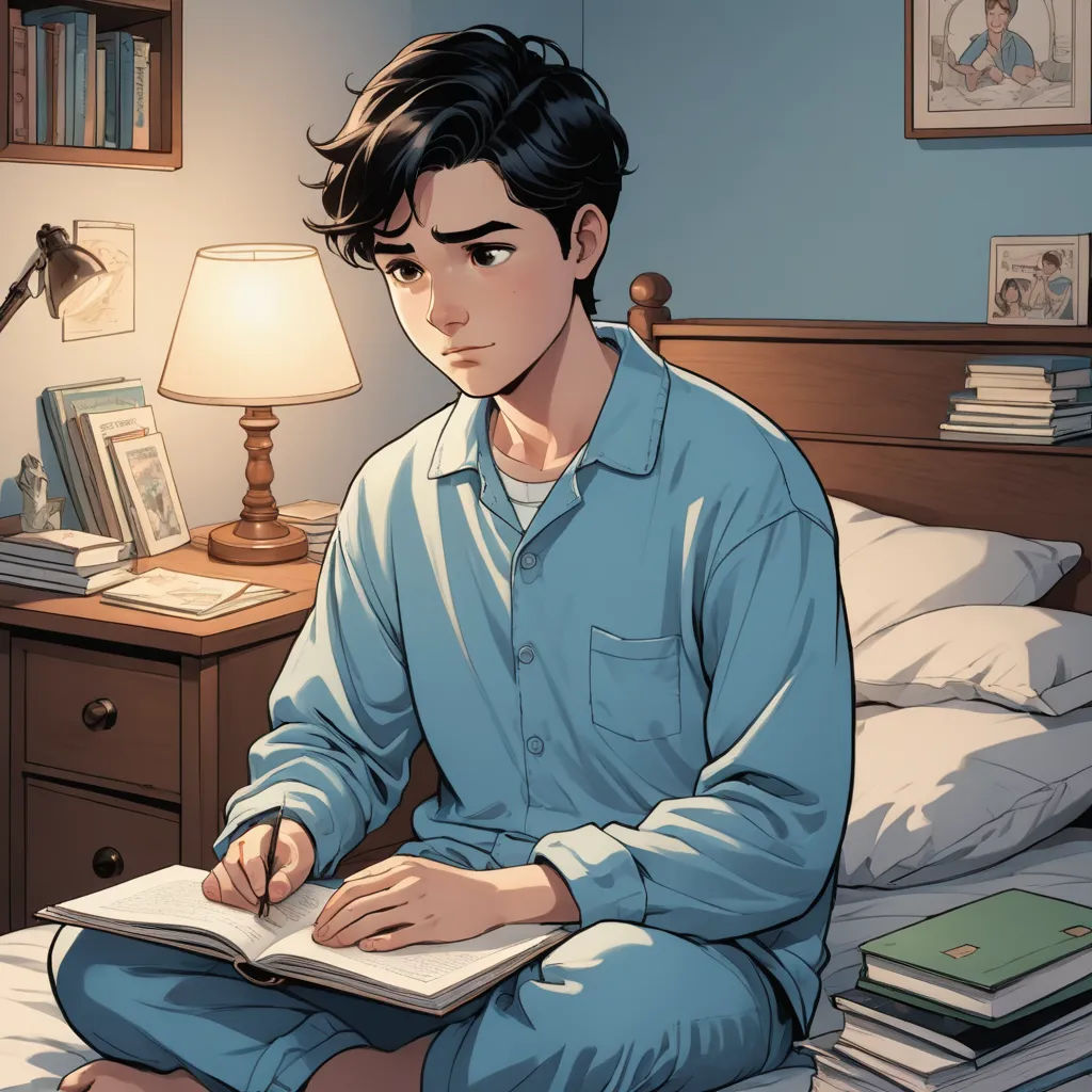a man sitting on a bed with a book in his lap and a lamp on the nightstand behind him, academic art, a comic book panel, Everett Warner, yukito kishiro